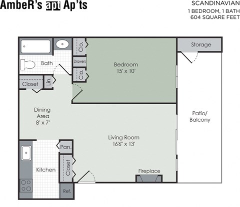 Floor plan for 1 bed, 1 bath, 900 sqft